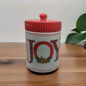 SCM Home 9” Tall Stoneware JOY Plaid Holiday Christmas Cookie Jar Canister w/Lid